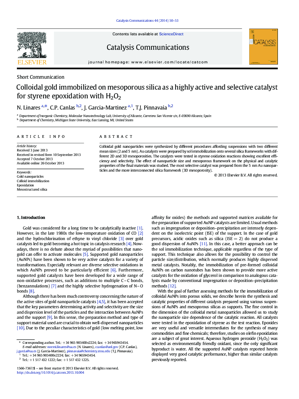 Colloidal gold immobilized on mesoporous silica as a highly active and selective catalyst for styrene epoxidation with H2O2