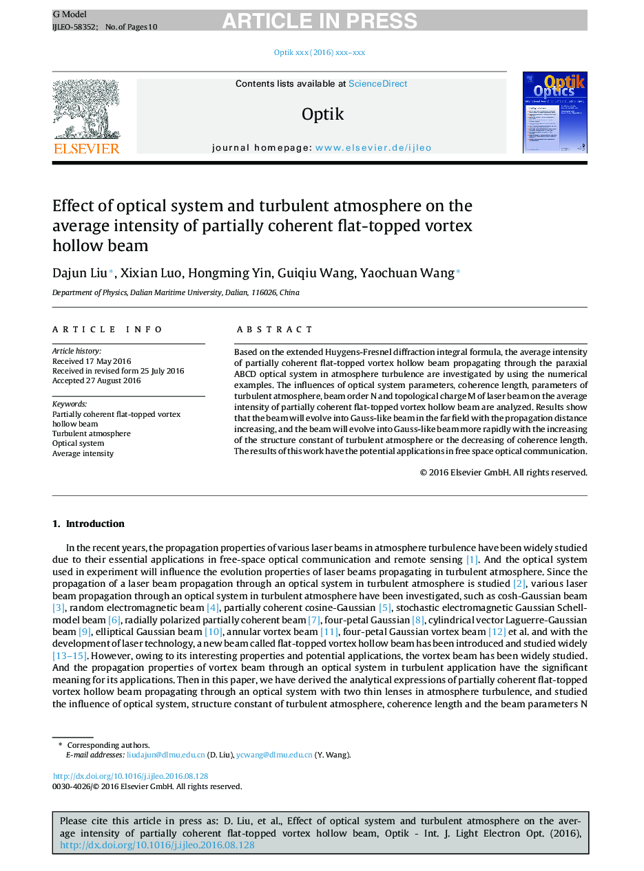 Effect of optical system and turbulent atmosphere on the average intensity of partially coherent flat-topped vortex hollow beam