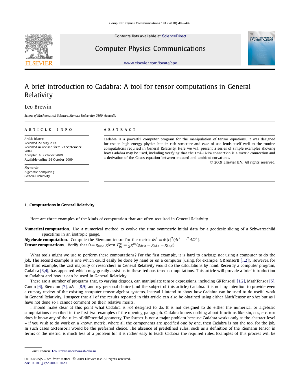 A brief introduction to Cadabra: A tool for tensor computations in General Relativity