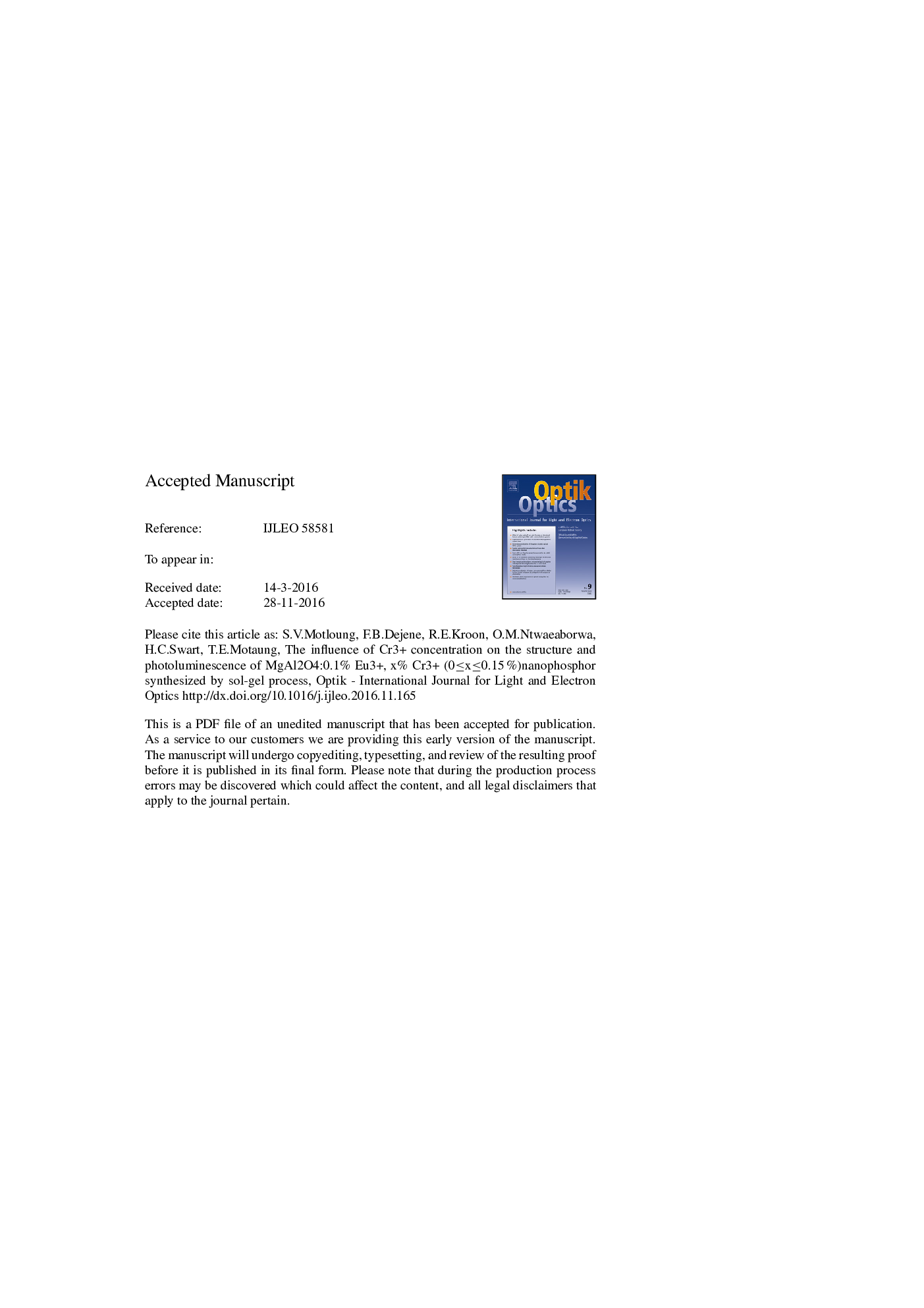 The influence of Cr3+ concentration on the structure and photoluminescence of MgAl2O4:0.1% Eu3+, x% Cr3+(0â¤xâ¤0.15%)nanophosphor synthesized by sol-gel process