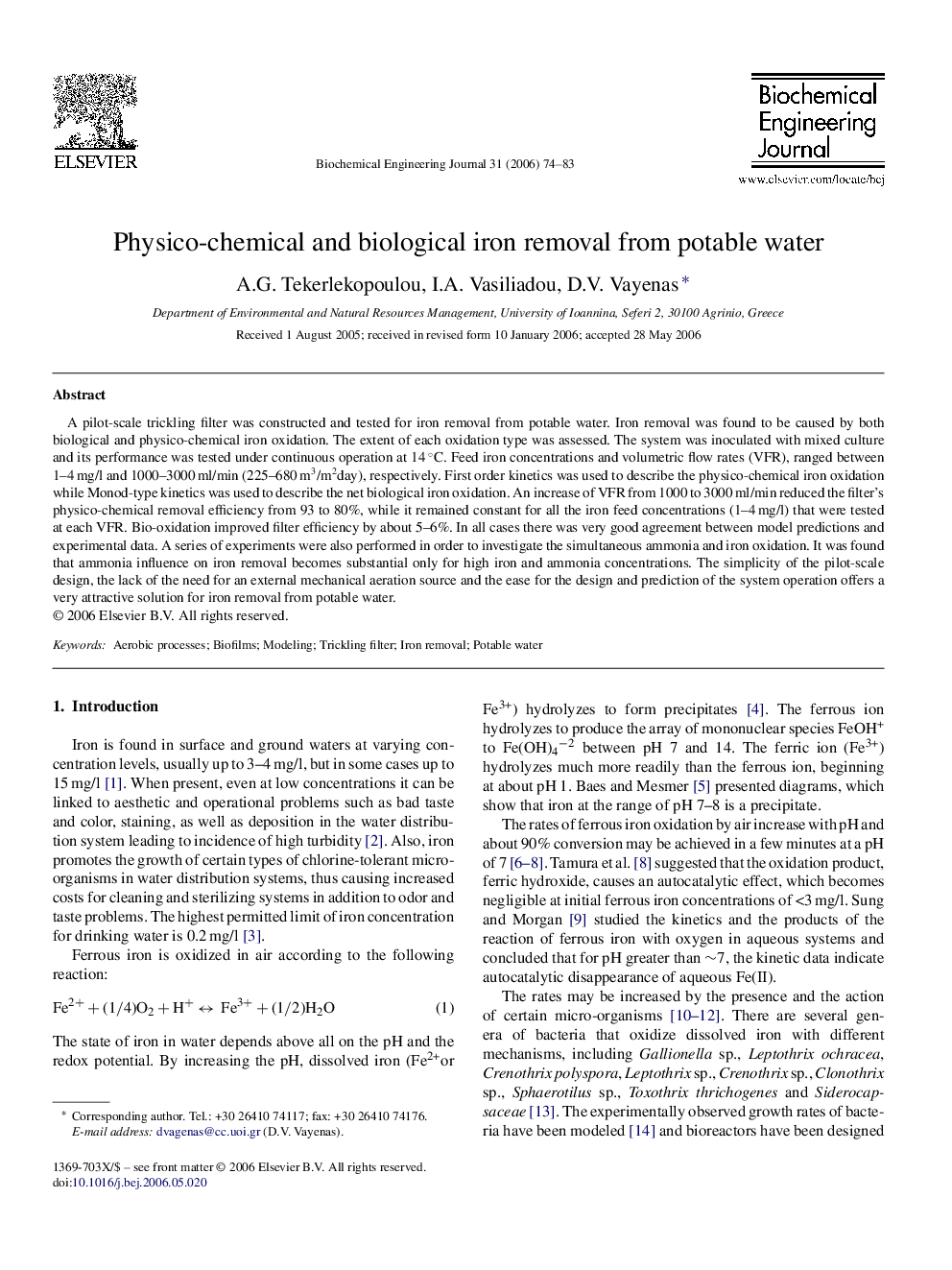 Physico-chemical and biological iron removal from potable water