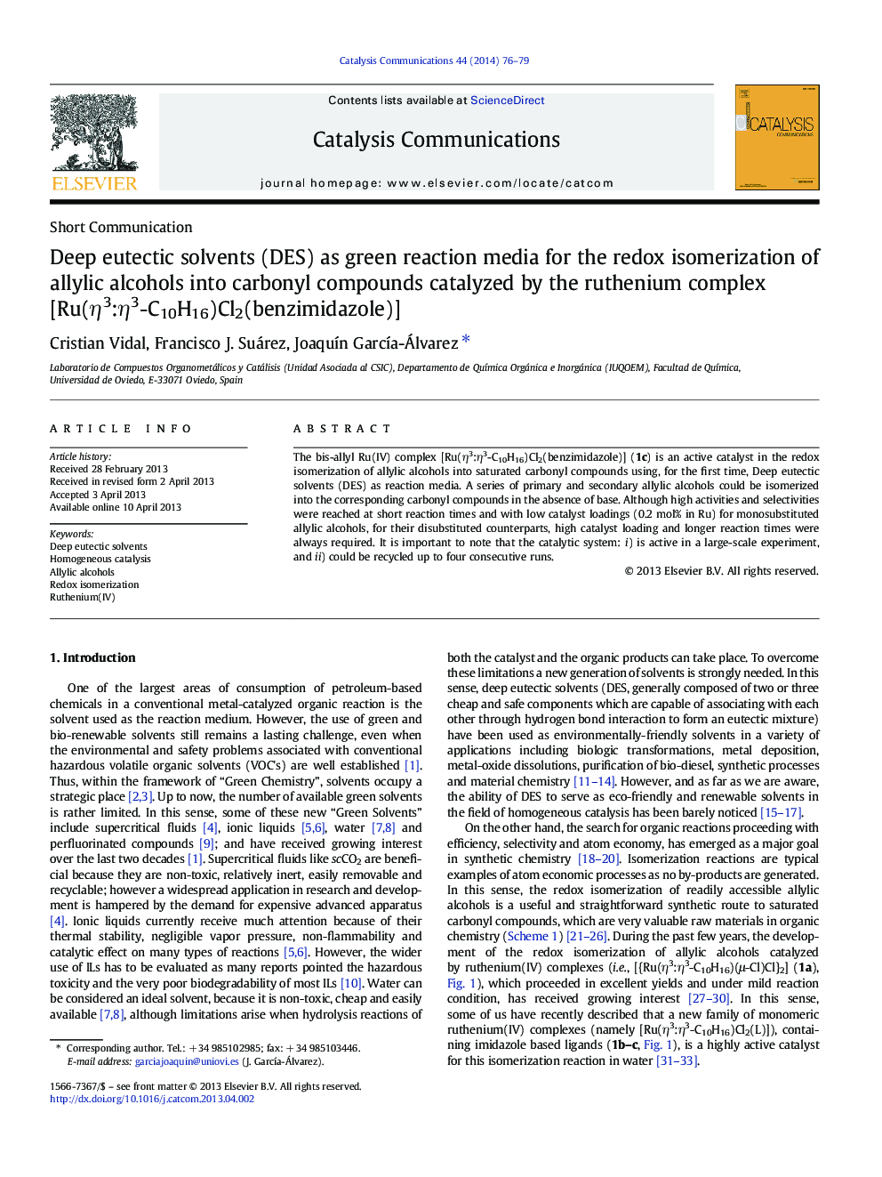 Deep eutectic solvents (DES) as green reaction media for the redox isomerization of allylic alcohols into carbonyl compounds catalyzed by the ruthenium complex [Ru(η3:η3-C10H16)Cl2(benzimidazole)]