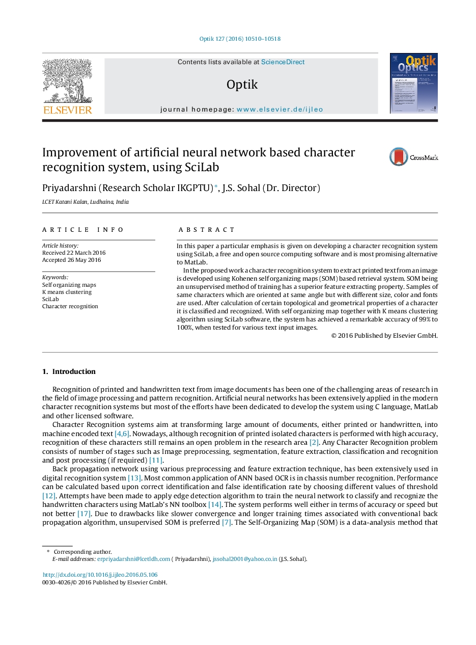 Improvement of artificial neural network based character recognition system, using SciLab