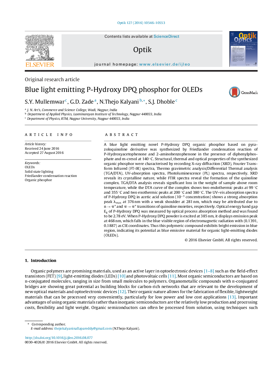 Original research articleBlue light emitting P-Hydroxy DPQ phosphor for OLEDs