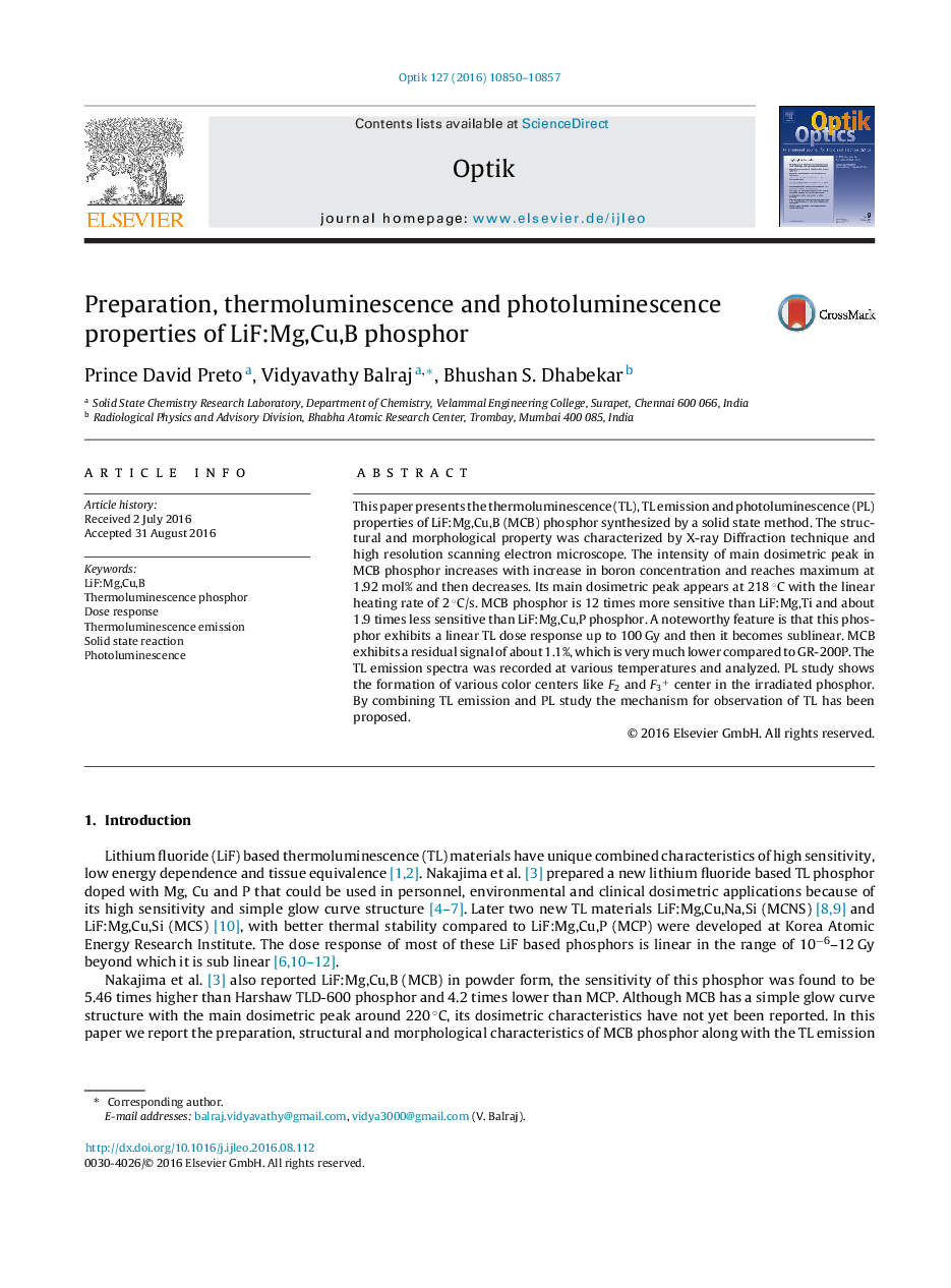 Preparation, thermoluminescence and photoluminescence properties of LiF:Mg,Cu,B phosphor