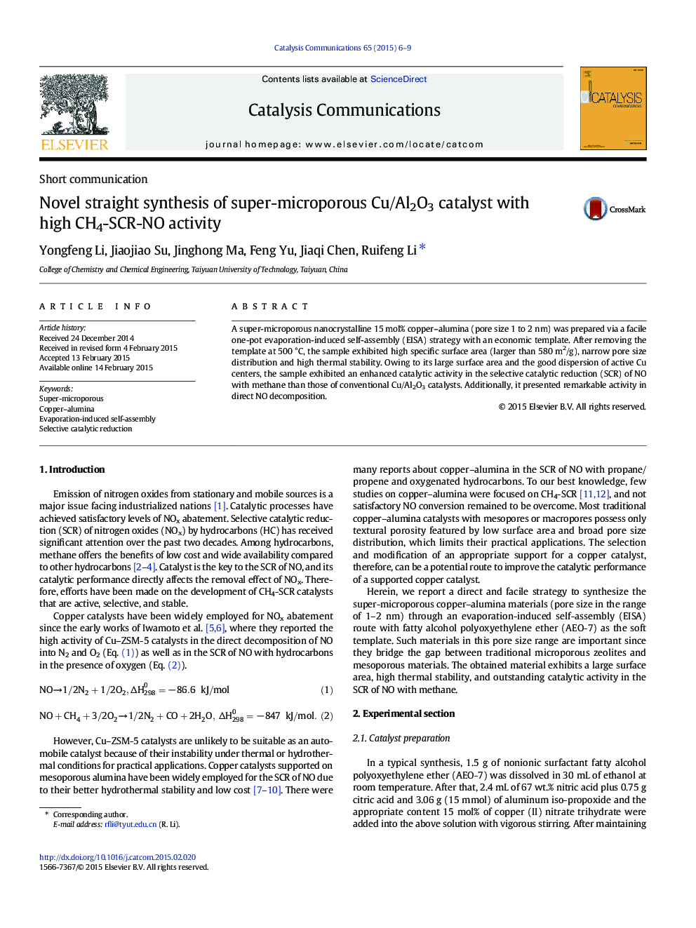 Novel straight synthesis of super-microporous Cu/Al2O3 catalyst with high CH4-SCR-NO activity