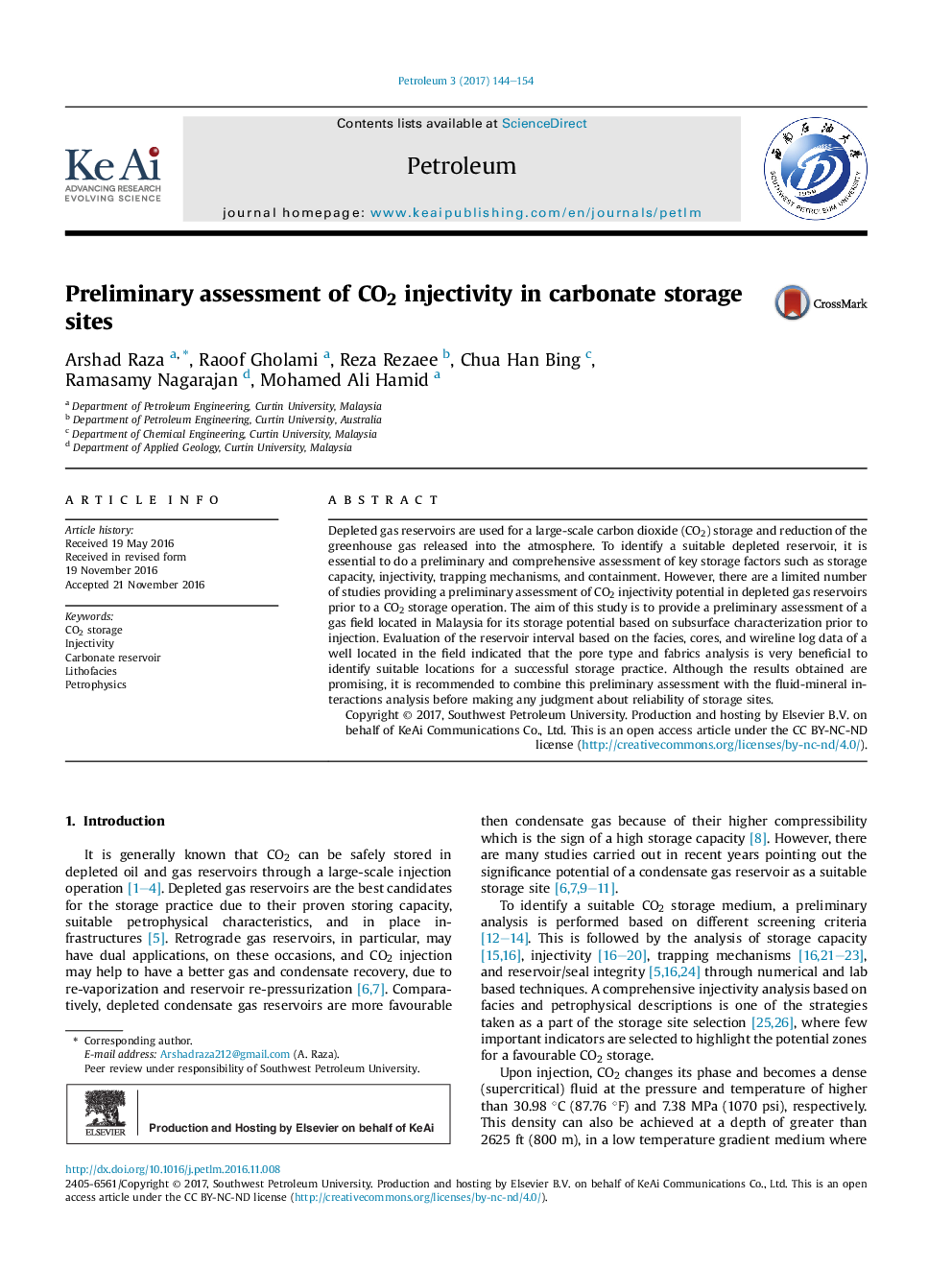 Preliminary assessment of CO2 injectivity in carbonate storage sites