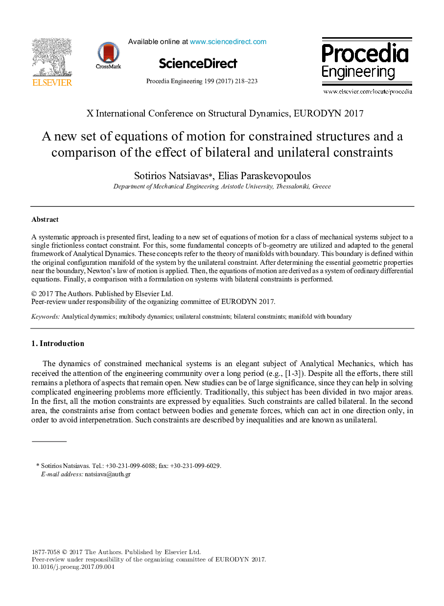 A new set of equations of motion for constrained structures and a comparison of the effect of bilateral and unilateral constraints