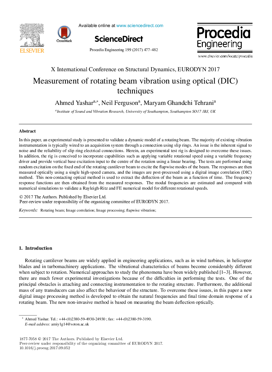 Measurement of rotating beam vibration using optical (DIC) techniques