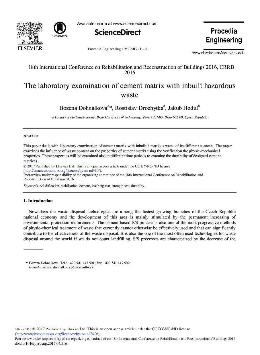 The Laboratory Examination of Cement Matrix with Inbuilt Hazardous Waste