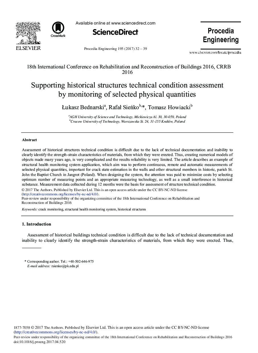 Supporting Historical Structures Technical Condition Assessment by Monitoring of Selected Physical Quantities