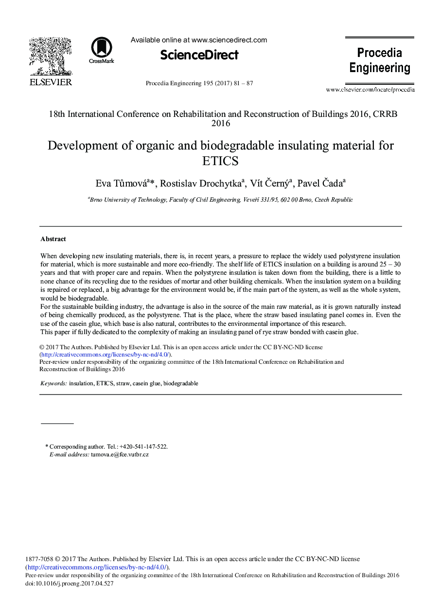 Development of Organic and Biodegradable Insulating Material for ETICS