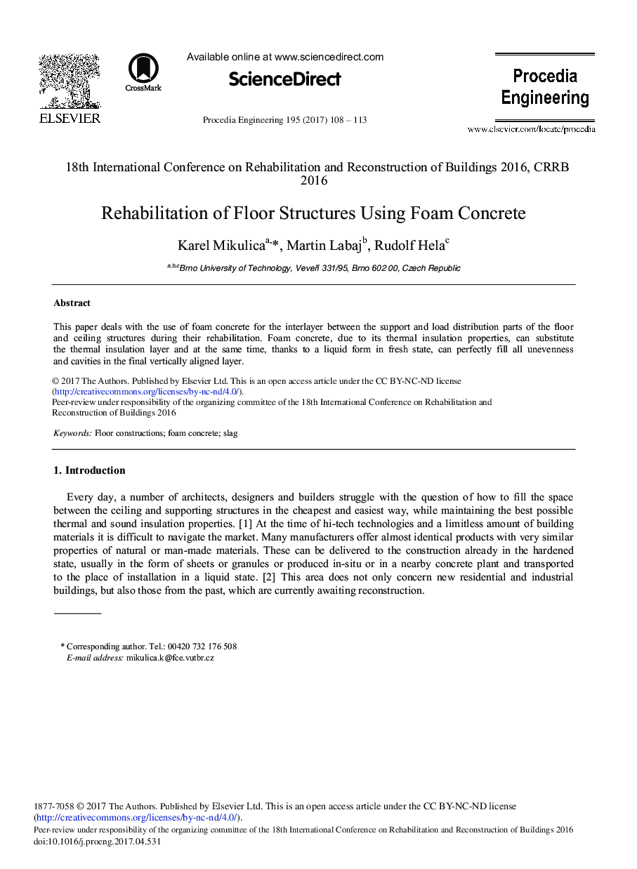 Rehabilitation of Floor Structures Using Foam Concrete