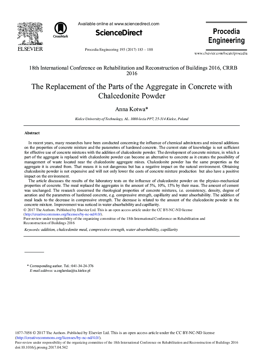 The Replacement of the Parts of the Aggregate in Concrete with Chalcedonite Powder