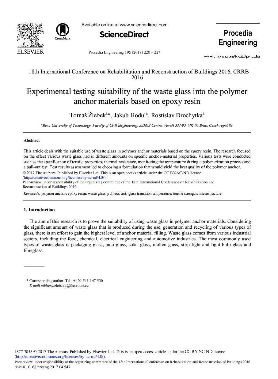 Experimental Testing Suitability of the Waste Glass into the Polymer Anchor Materials Based on Epoxy Resin