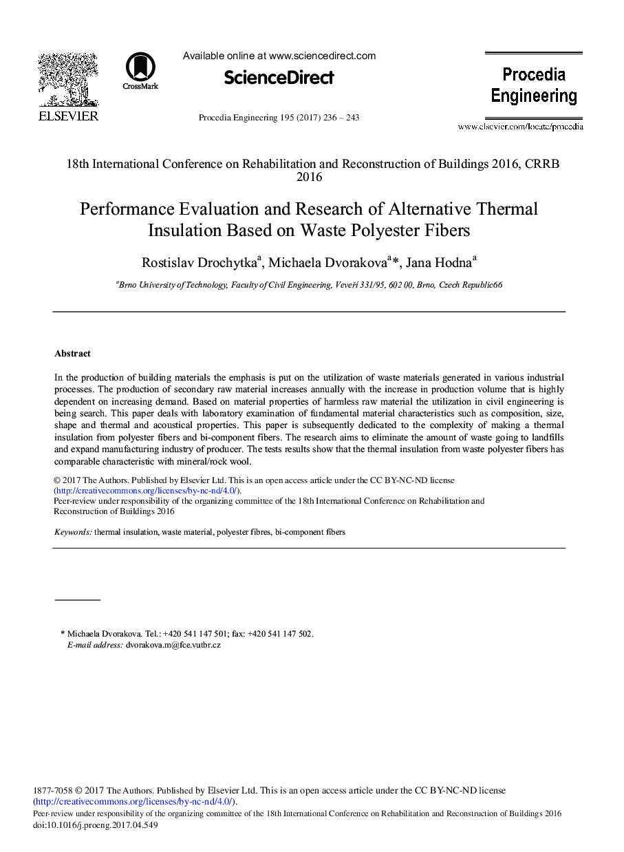 Performance Evaluation and Research of Alternative Thermal Insulation Based on Waste Polyester Fibers