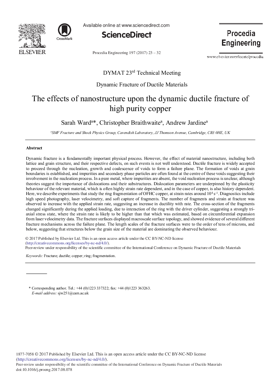 عکس صفحه اول مقاله: The Effects of Nanostructure upon the Dynamic Ductile Fracture of High Purity Copper The Effects of Nanostructure upon the Dynamic Ductile Fracture of High Purity Copper
