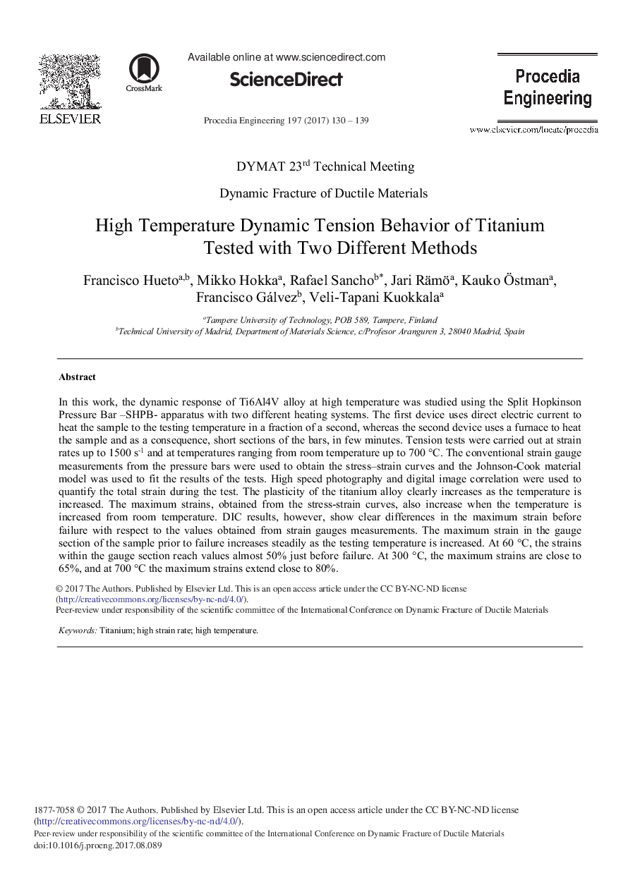 High Temperature Dynamic Tension Behavior of Titanium Tested with Two Different Methods