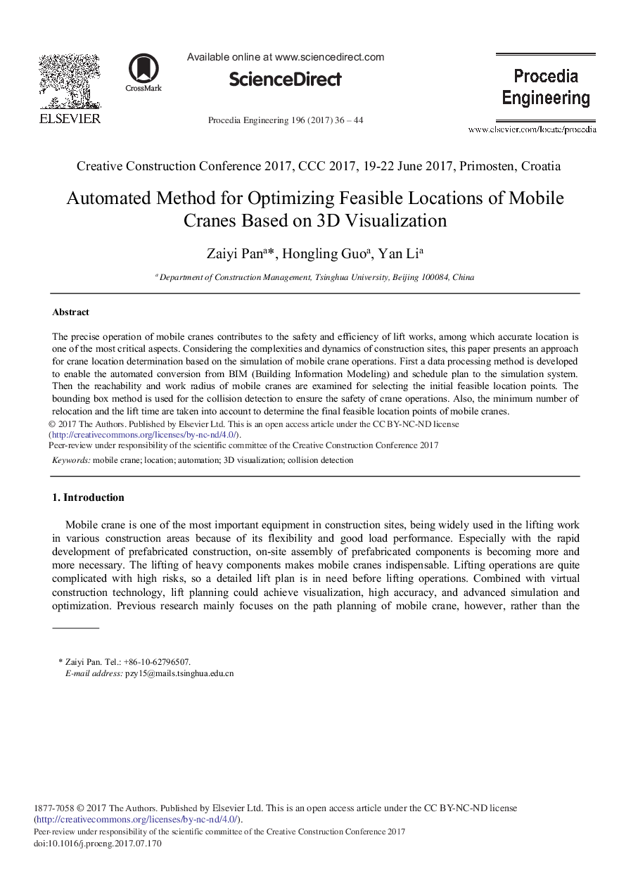 Automated Method for Optimizing Feasible Locations of Mobile Cranes Based on 3D Visualization