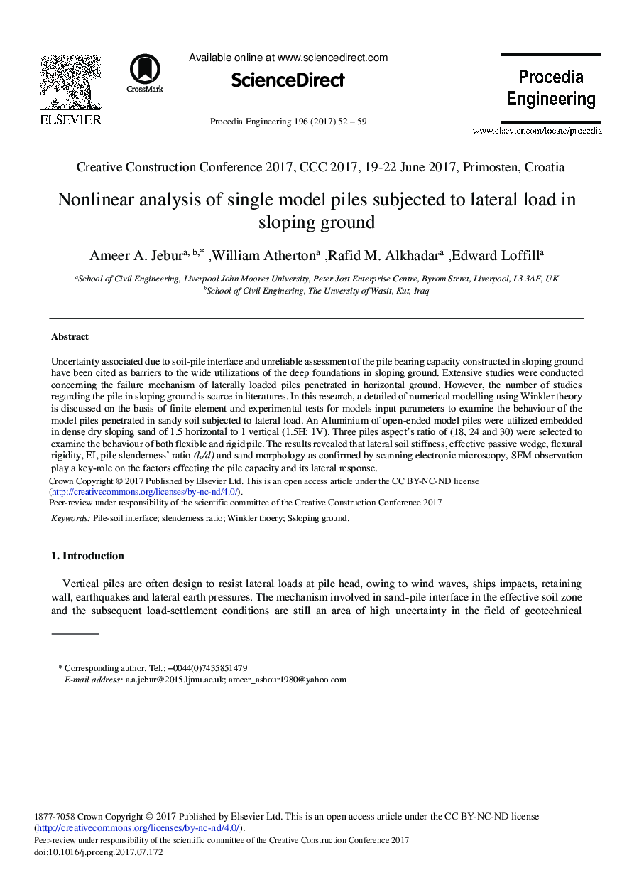 Nonlinear Analysis of Single Model Piles Subjected to Lateral Load in Sloping Ground