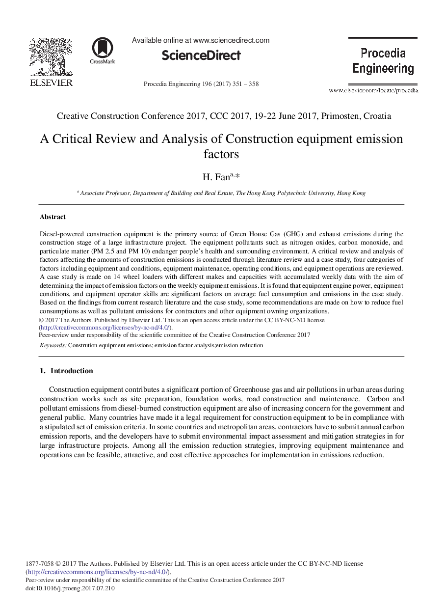 A Critical Review and Analysis of Construction Equipment Emission Factors