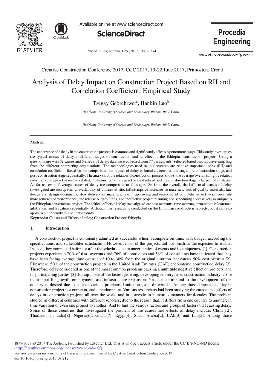 Analysis of Delay Impact on Construction Project Based on RII and Correlation Coefficient: Empirical Study