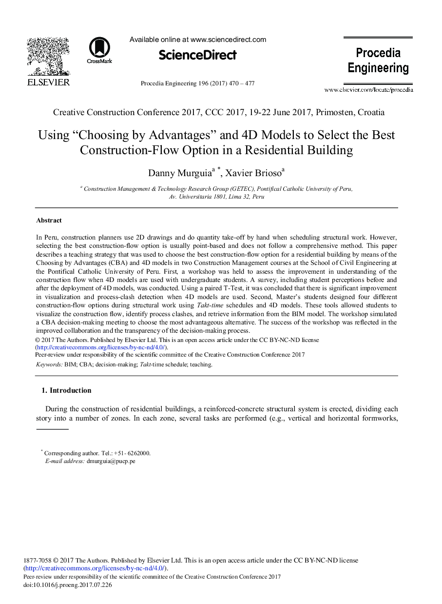 Using “Choosing by Advantages” and 4D Models to Select the Best Construction-Flow Option in a Residential Building