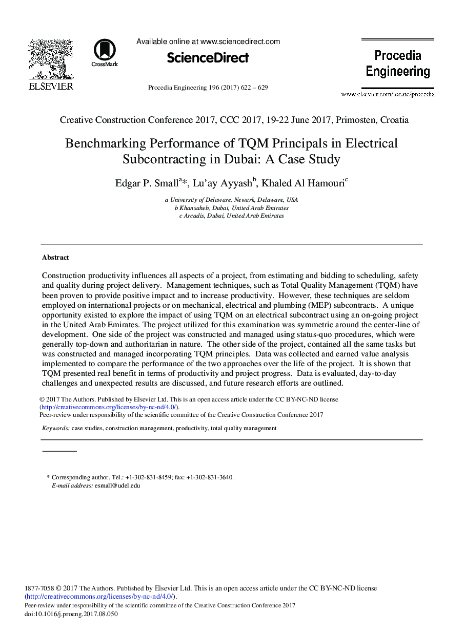 Benchmarking Performance of TQM Principals in Electrical Subcontracting in Dubai: A Case Study