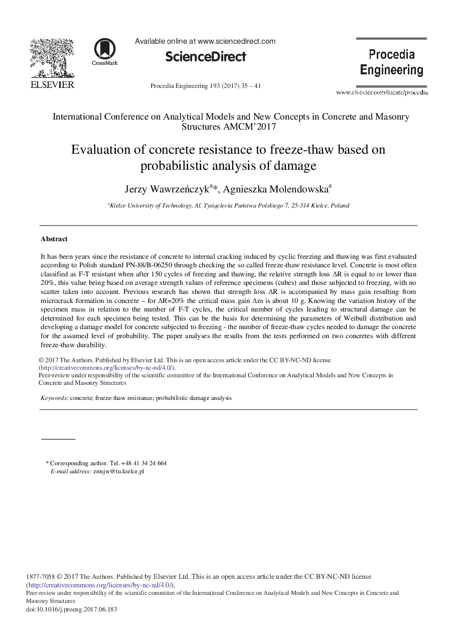 Evaluation of Concrete Resistance to Freeze-thaw Based on Probabilistic Analysis of Damage