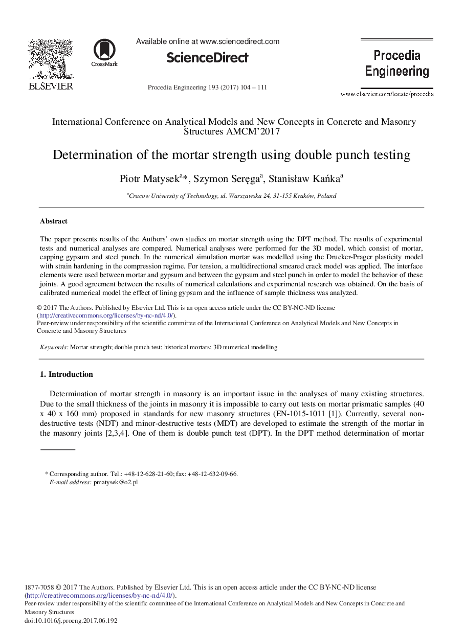 Determination of the Mortar Strength Using Double Punch Testing