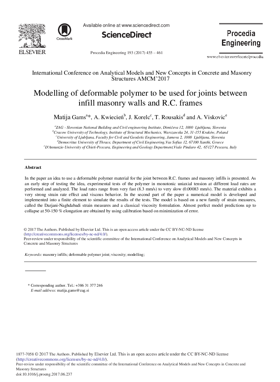 Modelling of Deformable Polymer to be Used for Joints Between Infill Masonry Walls and R.C. Frames