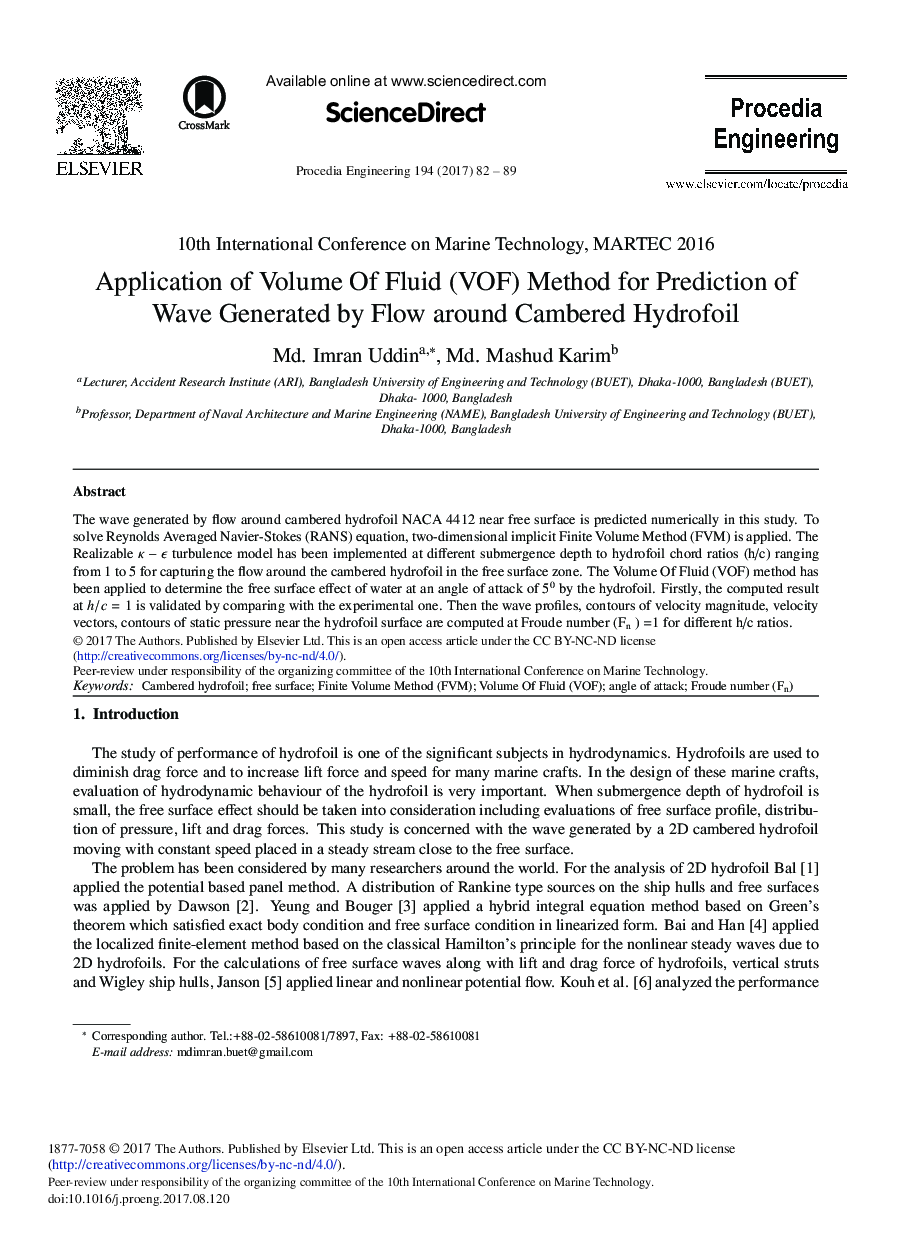 Application of Volume of Fluid (VOF) Method for Prediction of Wave Generated by Flow around Cambered Hydrofoil