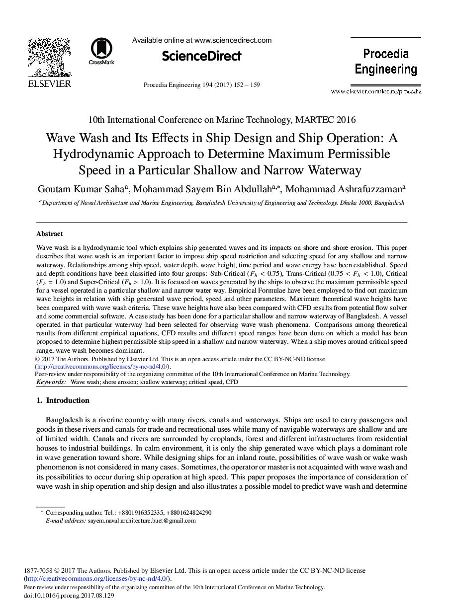 Wave Wash and Its Effects in Ship Design and Ship Operation: A Hydrodynamic Approach to Determine Maximum Permissible Speed in a Particular Shallow and Narrow Waterway