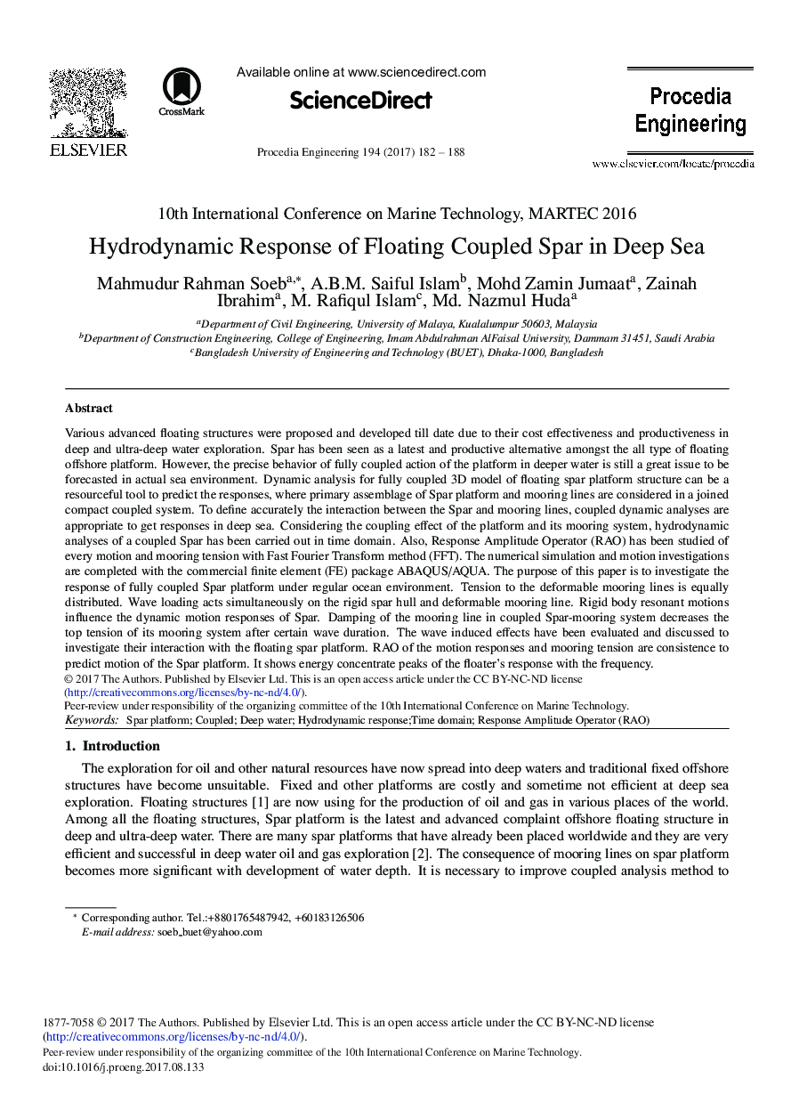 Hydrodynamic Response of Floating Coupled Spar in Deep Sea