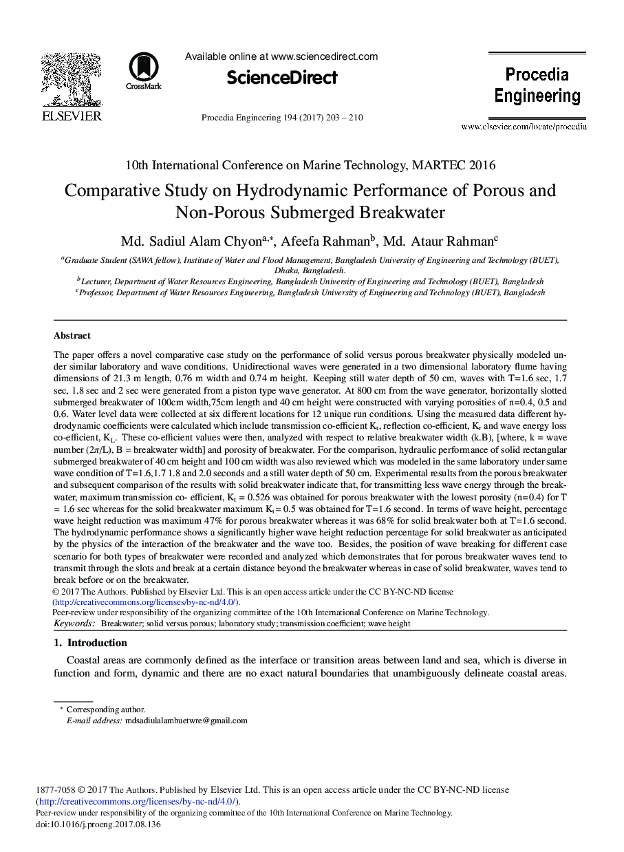 Comparative Study on Hydrodynamic Performance of Porous and Non-Porous Submerged Breakwater