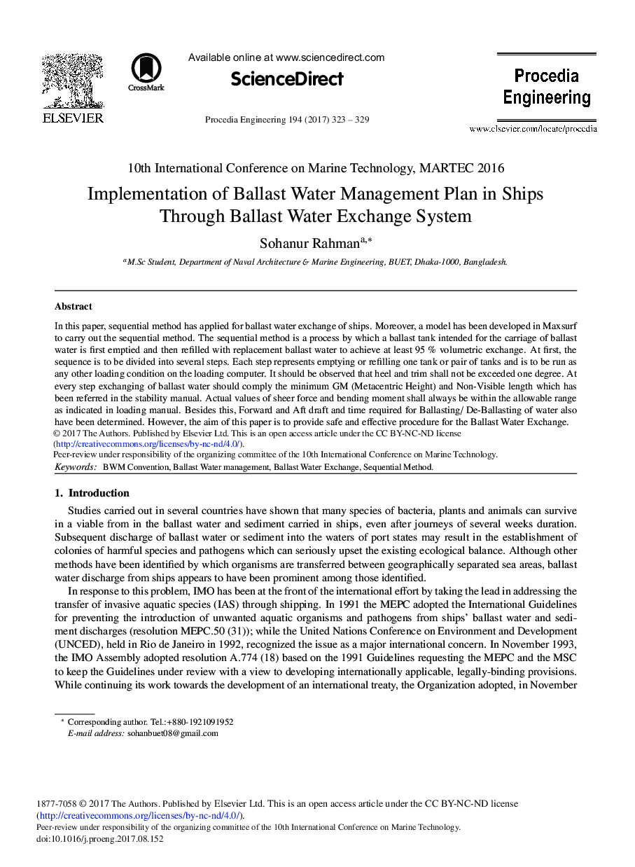 Implementation of Ballast Water Management Plan in Ships Through Ballast Water Exchange System