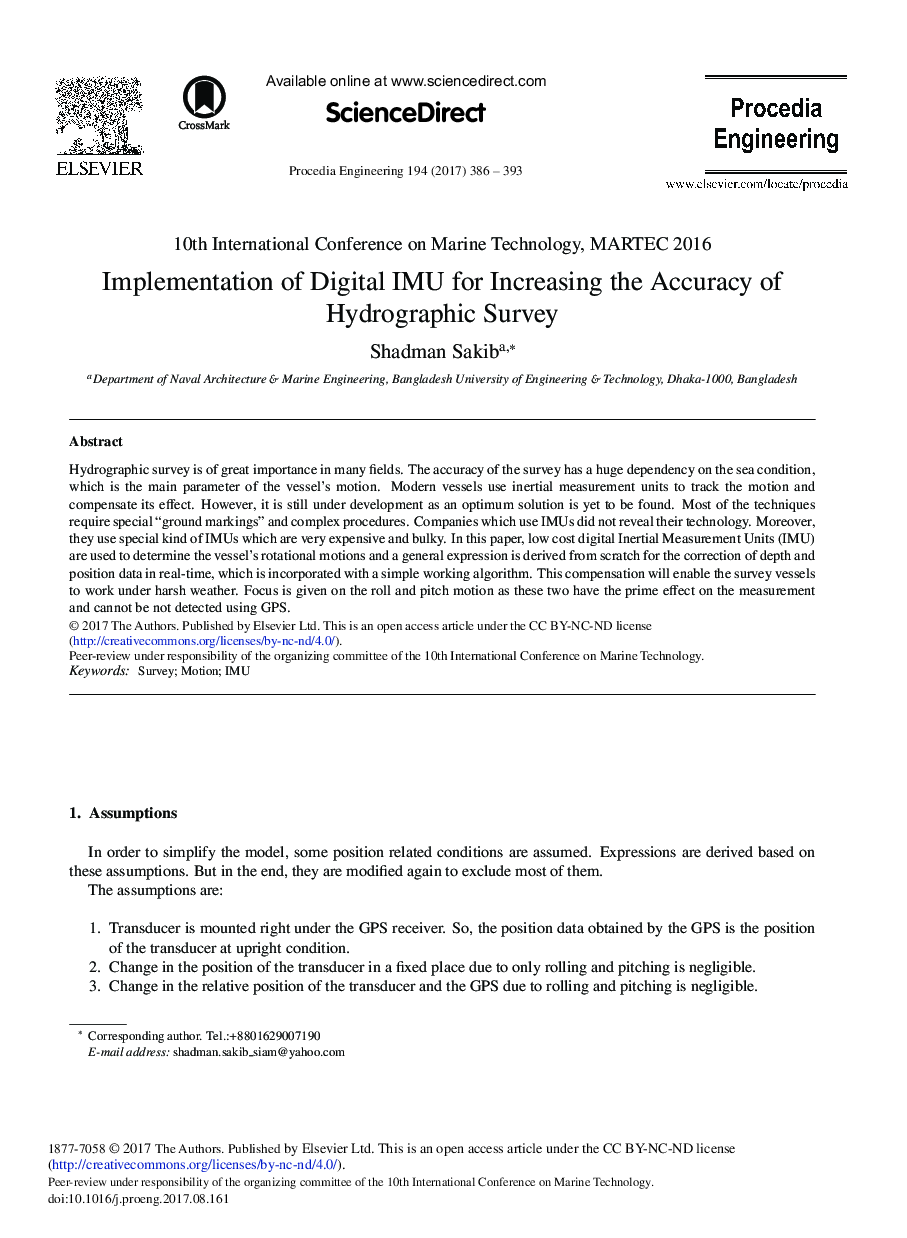 Implementation of Digital IMU for Increasing the Accuracy of Hydrographic Survey