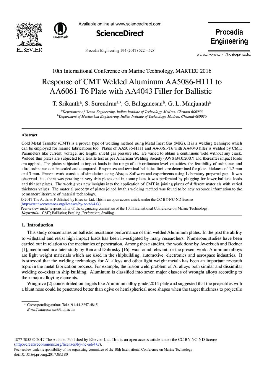 Response of CMT Welded Aluminum AA5086-H111 to AA6061-T6 Plate with AA4043 Filler for Ballistic