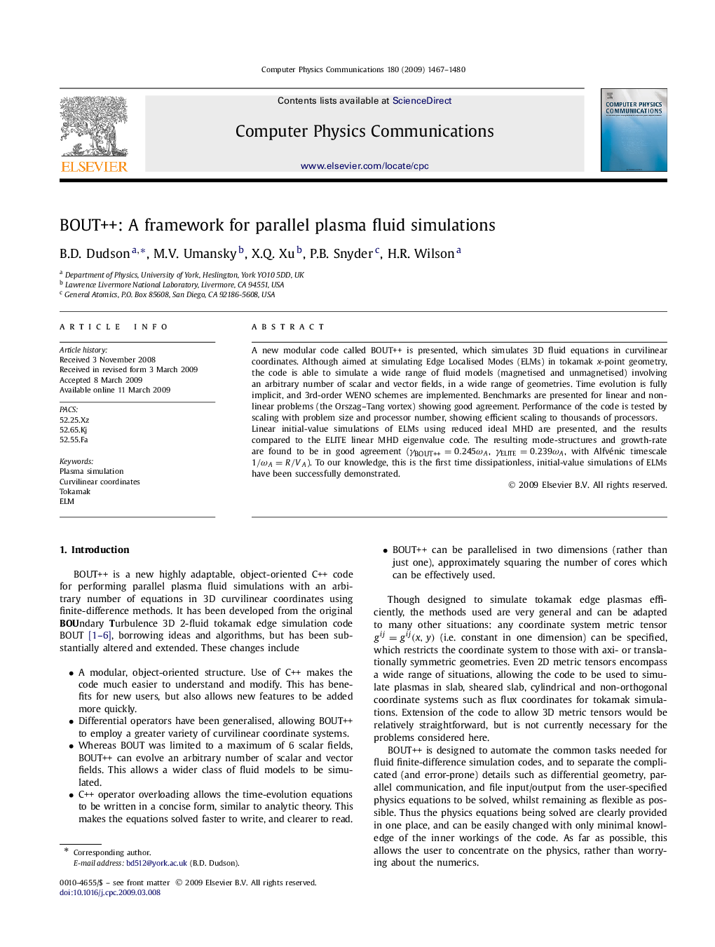 BOUT++: A framework for parallel plasma fluid simulations