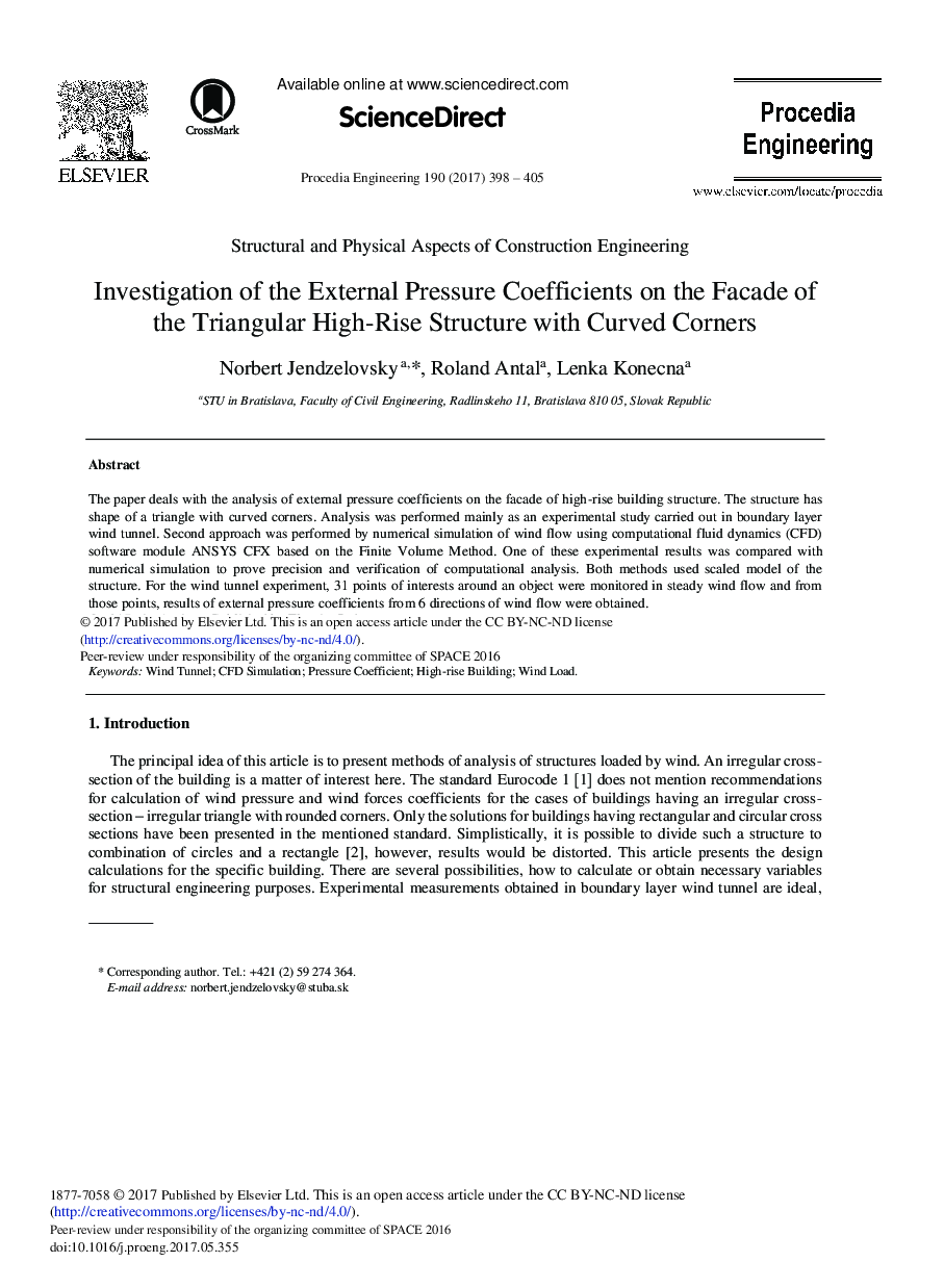 Investigation of the External Pressure Coefficients on the Facade of the Triangular High-Rise Structure with Curved Corners