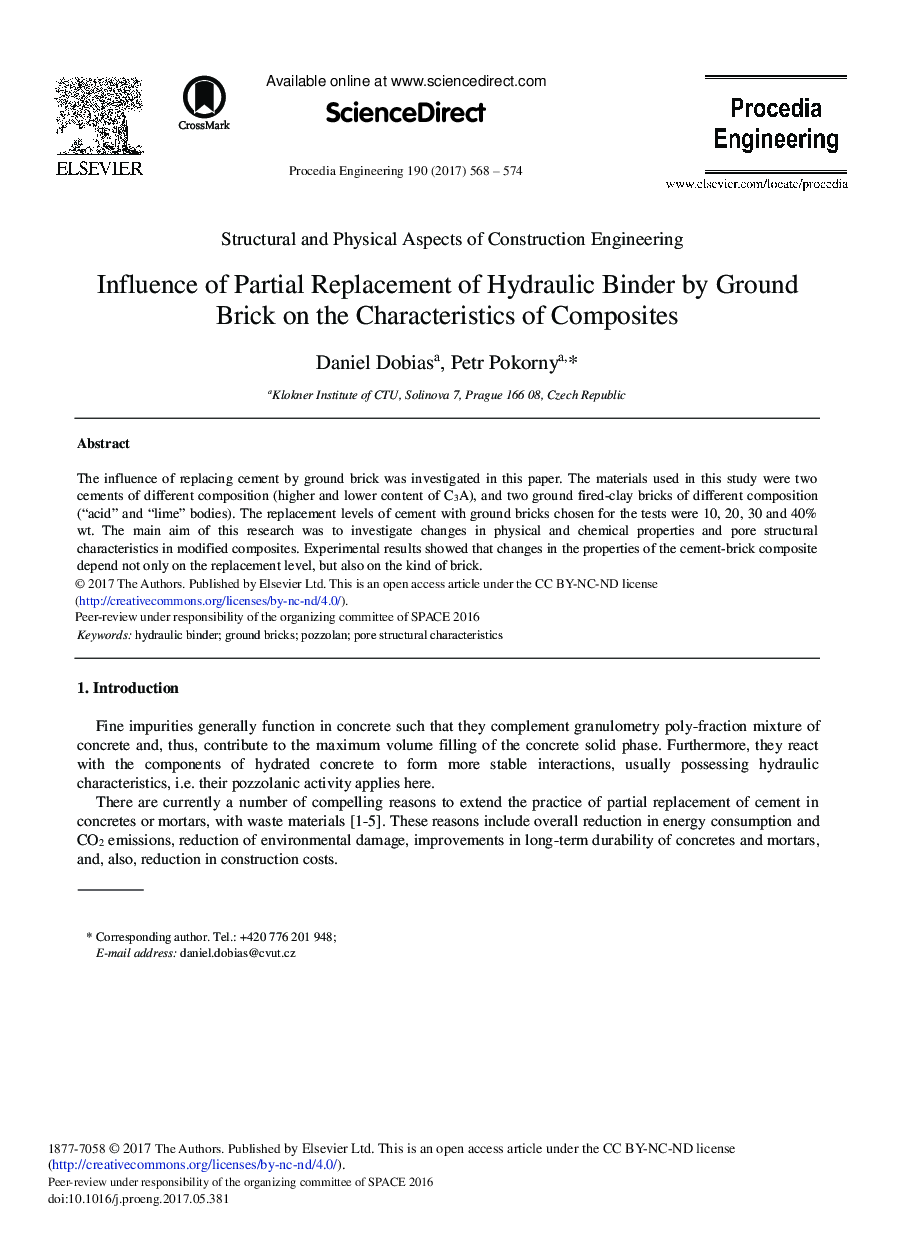 Influence of Partial Replacement of Hydraulic Binder by Ground Brick on the Characteristics of Composites