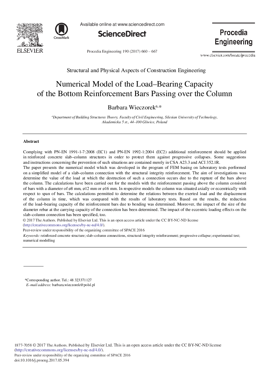 Numerical Model of the Load-Bearing Capacity of the Bottom Reinforcement Bars Passing over the Column