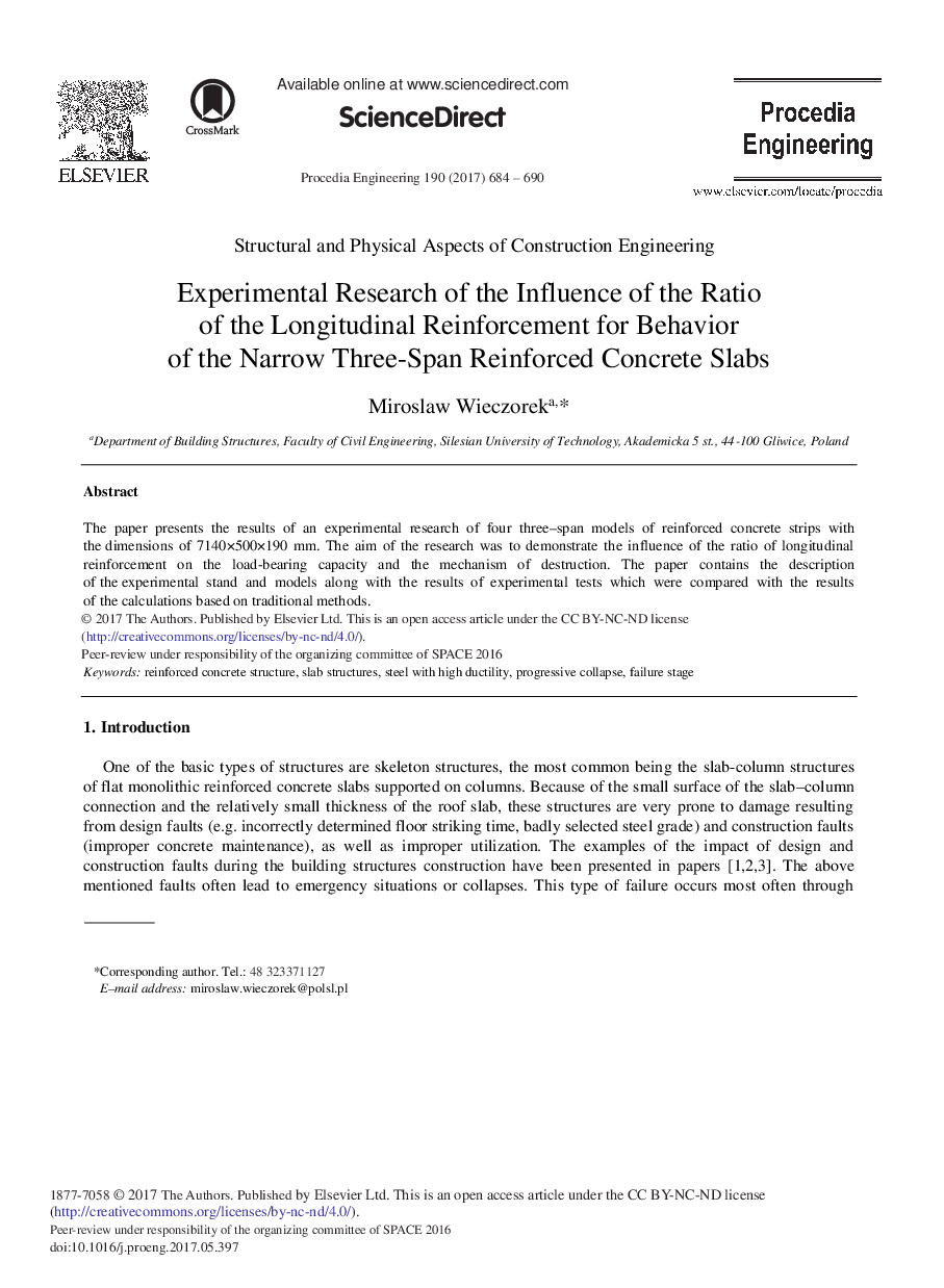 Experimental Research of the Influence of the Ratio of the Longitudinal Reinforcement for Behavior of the Narrow Three-Span Reinforced Concrete Slabs