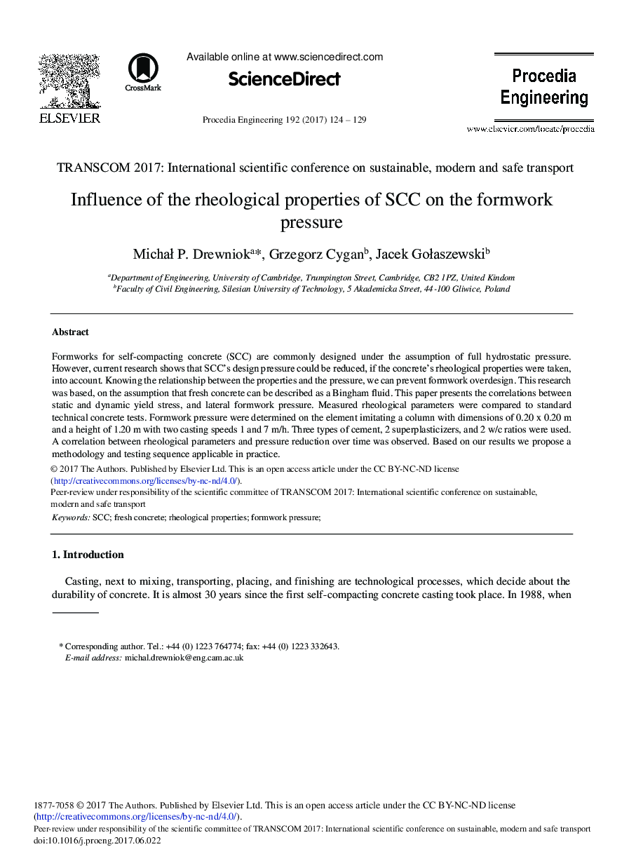 Influence of the Rheological Properties of SCC on the Formwork Pressure