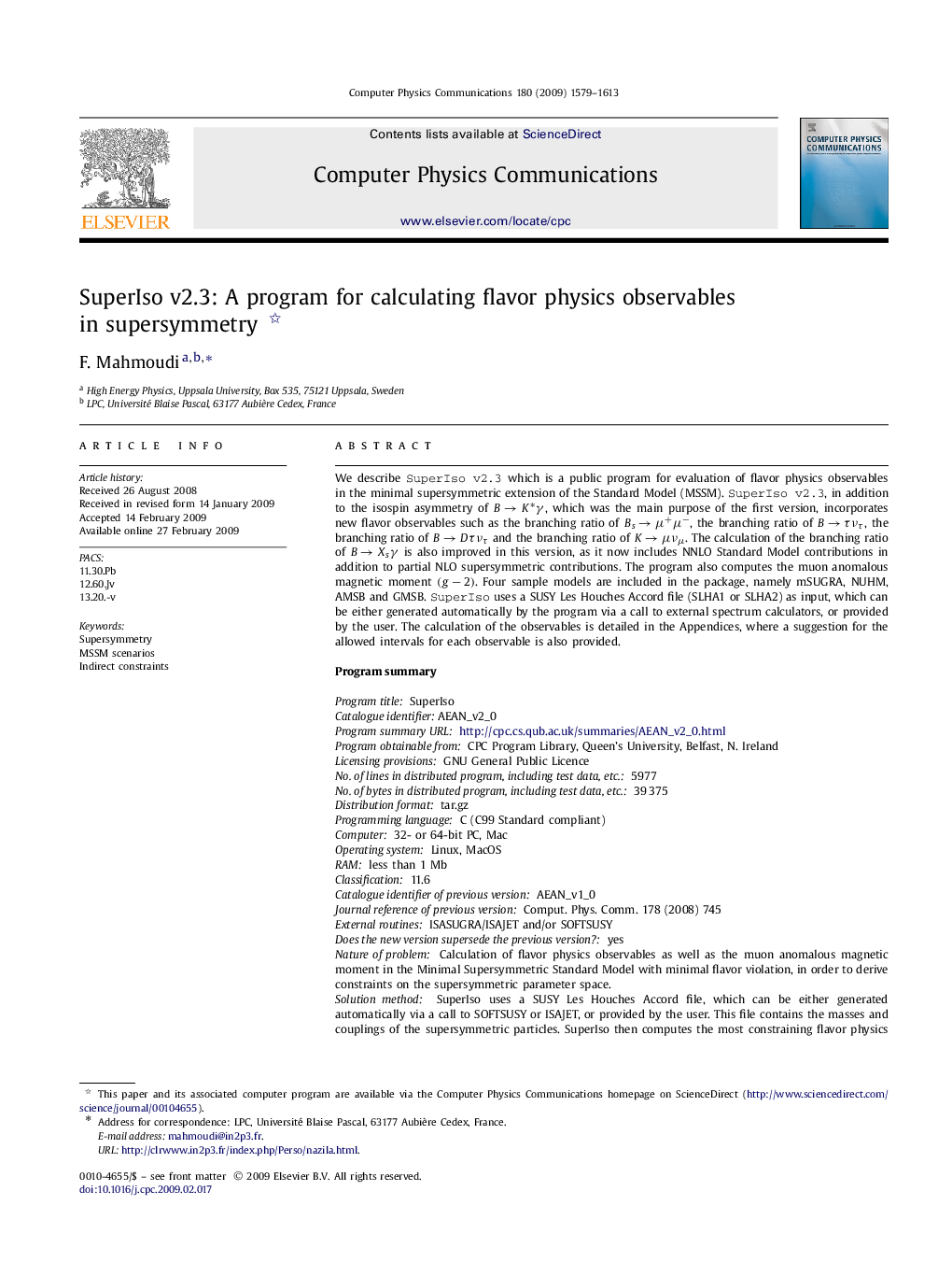 عکس صفحه اول مقاله: SuperIso v2.3: A program for calculating flavor physics observables in supersymmetry SuperIso v2.3: A program for calculating flavor physics observables in supersymmetry