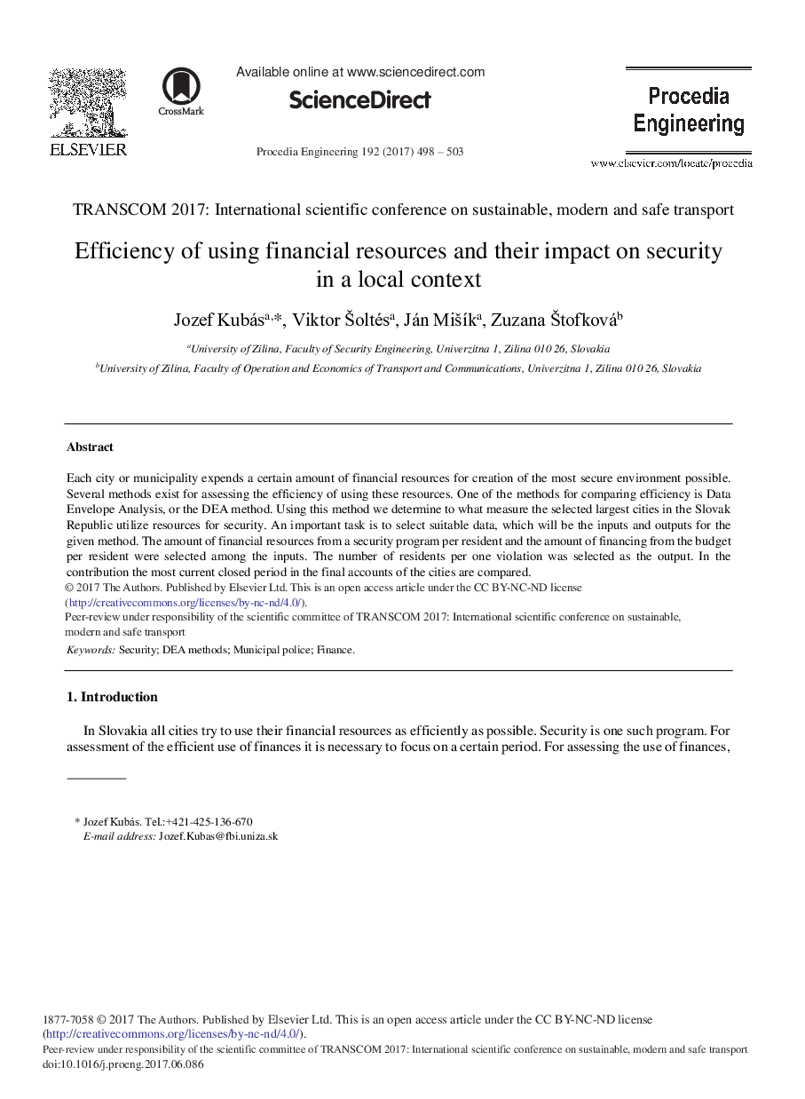 Efficiency of Using Financial Resources and Their Impact on Security in a Local Context