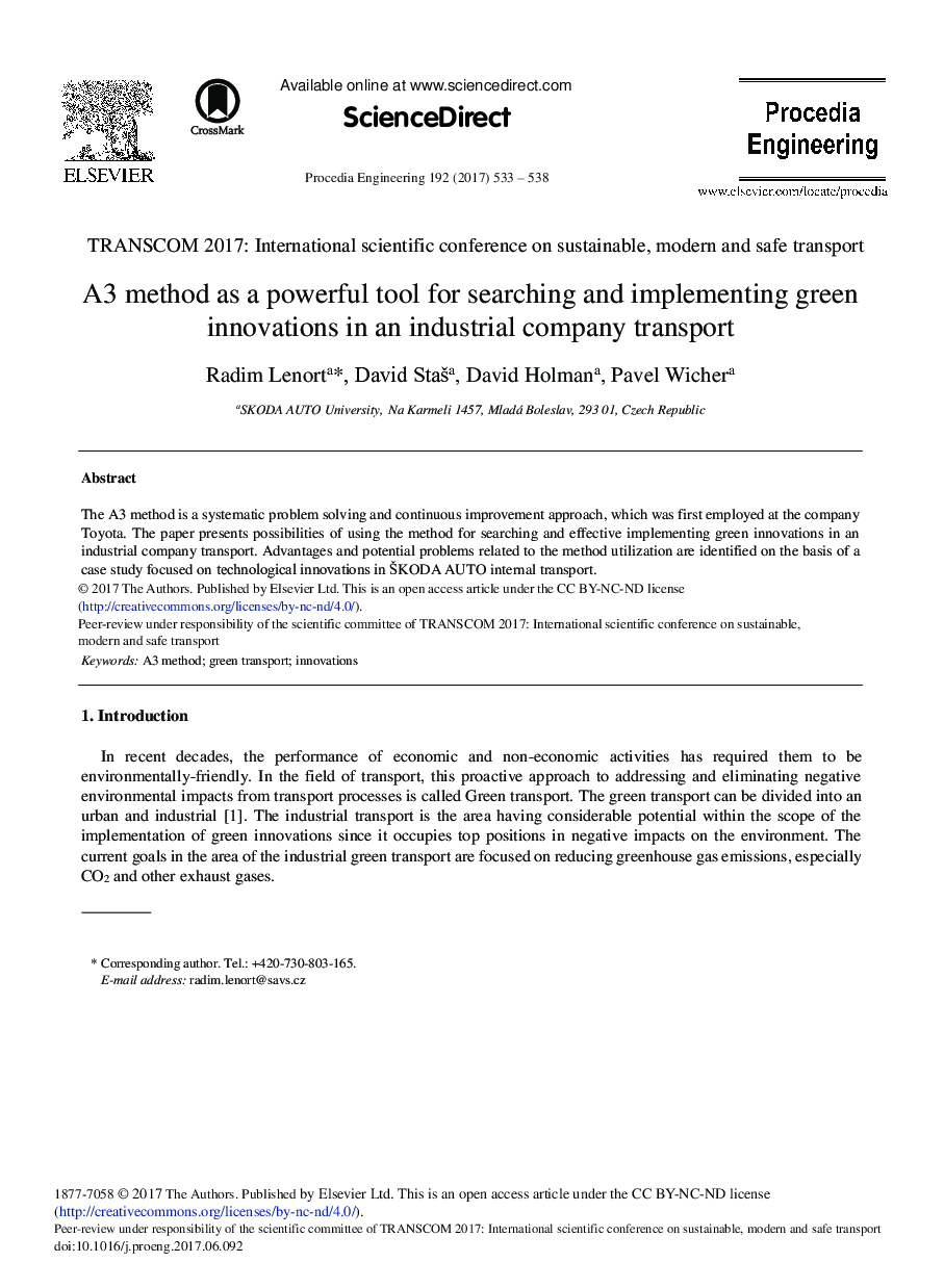 عکس صفحه اول مقاله: A3 Method as a Powerful Tool for Searching and Implementing Green Innovations in an Industrial Company Transport A3 Method as a Powerful Tool for Searching and Implementing Green Innovations in an Industrial Company Transport