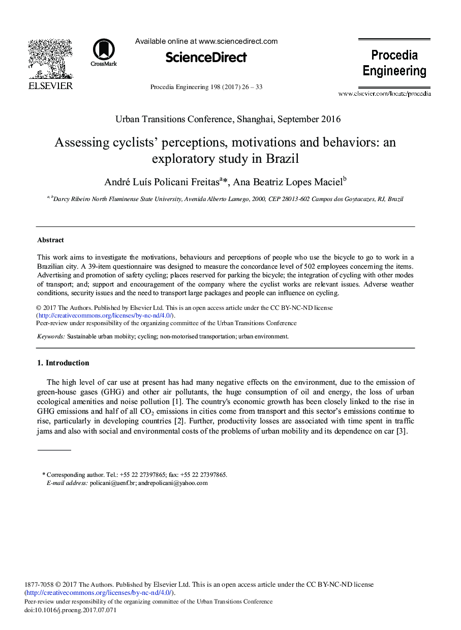 Assessing Cyclists' Perceptions, Motivations and Behaviors: An Exploratory Study in Brazil