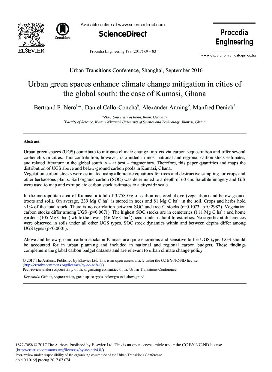 Urban Green Spaces Enhance Climate Change Mitigation in Cities of the Global South: The Case of Kumasi, Ghana