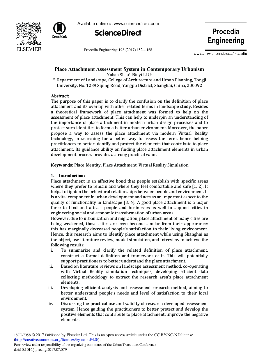 عکس صفحه اول مقاله: Place Attachment Assessment System in Contemporary Urbanism Place Attachment Assessment System in Contemporary Urbanism